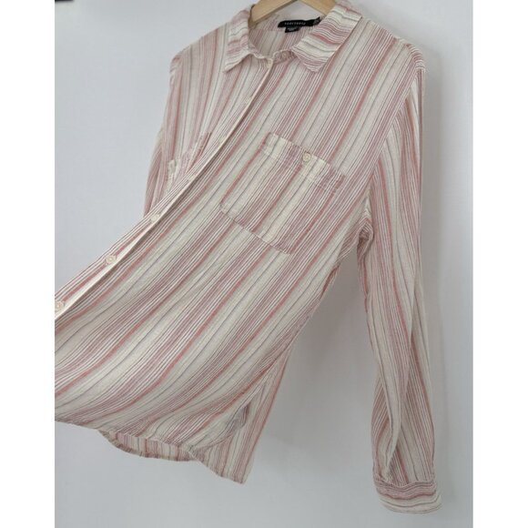 Sanctuary Linen Cotton Bld Striped Popover Blouse Roll Tab Slv Sz L Coastal Boho - Picture 5 of 11